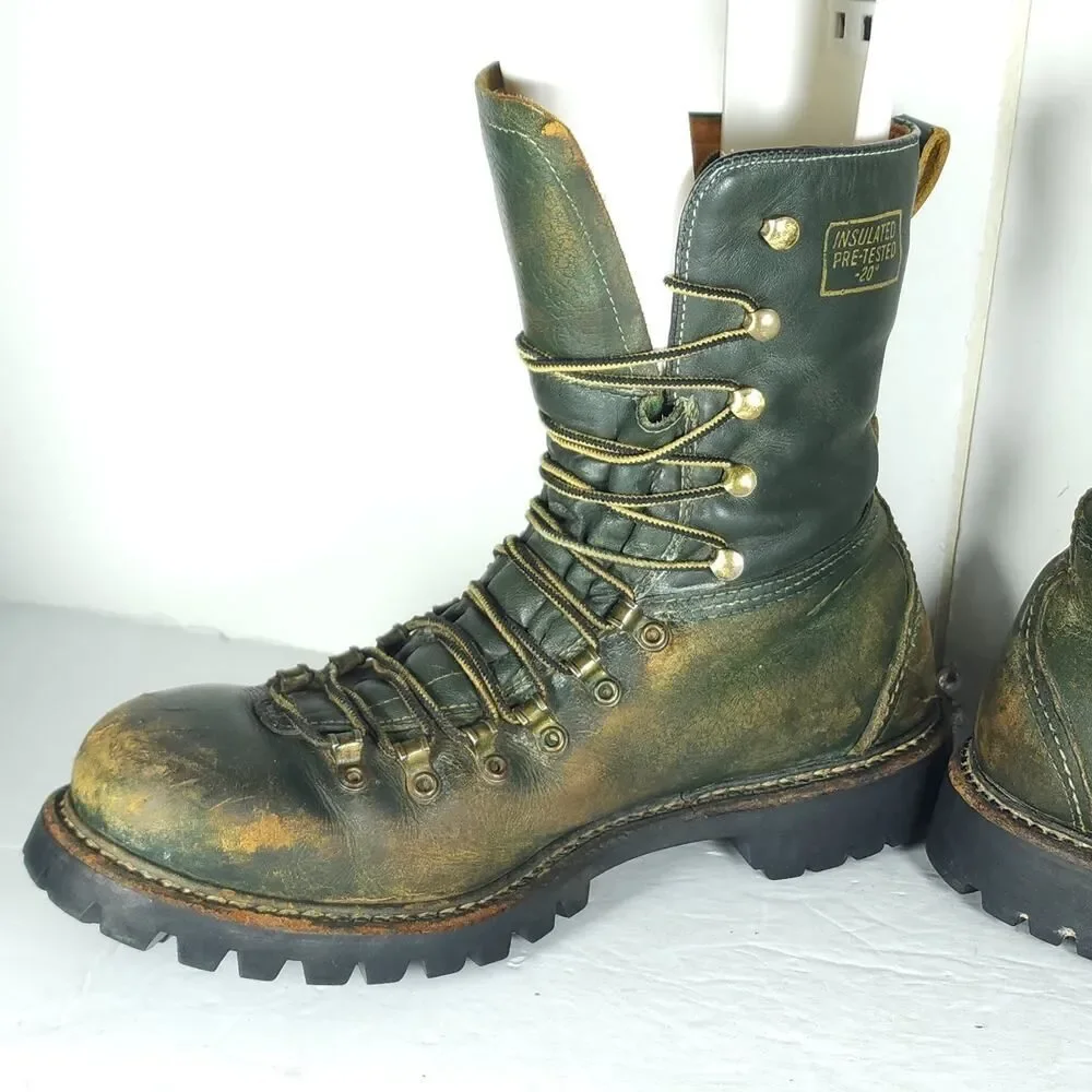 Herman Survivors Men's Vtg 60's US9/ 4N Green Leather Insulated Logger Boots